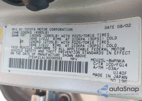 2003 Toyota Highlander V6 z USA, uszkodzony, nr VIN JTEHF21A130099593